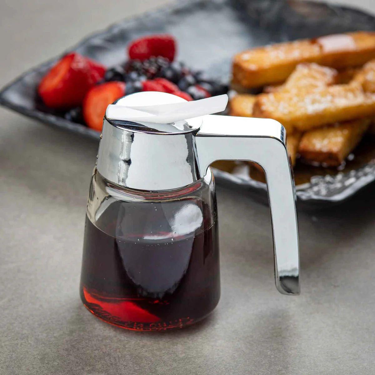TableCraft Glass Syrup Dispenser, 8 oz, Chrome Top - Image 3
